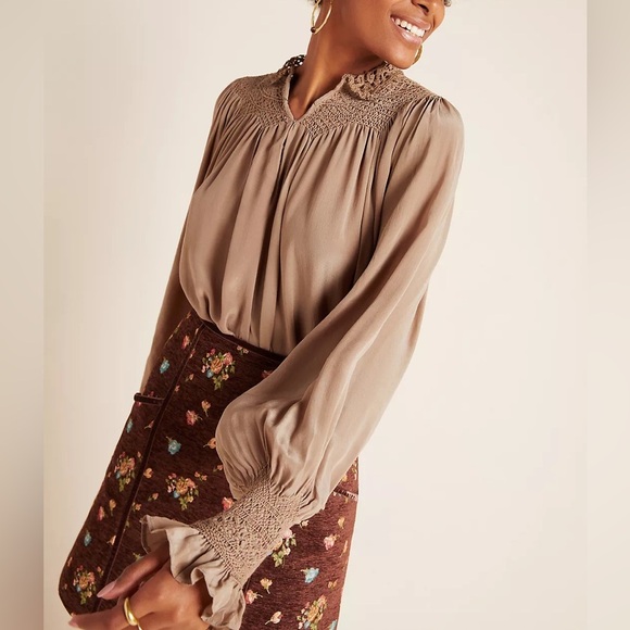 Anthropologie Love Sam Lissa Silk Peasant Blouse Embroidered Smocked Tan Sz XS - Picture 5 of 16